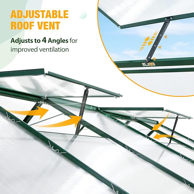 EAGLE PEAK 10x6x7 Outdoor Walk-in Hobby Greenhouse with Adjustable Roof Vent and Rain Gutter, Base and Anchor, Polycarbonate Aluminum Green House for Backyard Garden, Dark Green