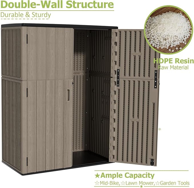 HOMSPARK 47 Cu.Ft Outdoor Storage Shed Weather Resistant, Multi Functional | Double-Wall Resin Storage Sheds & Outdoor Storage Box Waterproof for Backyard Garden Patio Lawn (Brown)