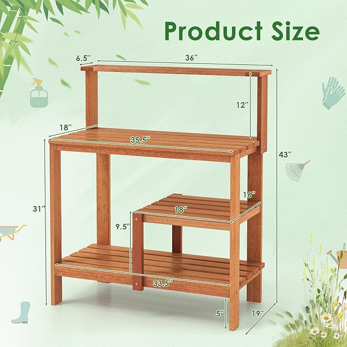 Happygrill Potting Bench Table, Outdoor Wood Work Bench with Storage, Open Shelves & Teak Oil Finish, Patio Horticulture Garden Table for Backyard, Balcony, Natural