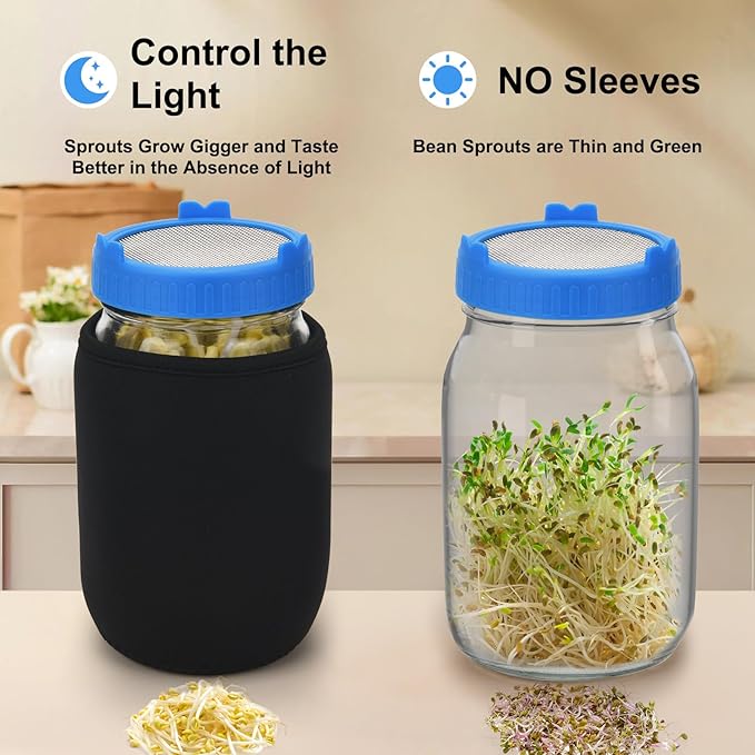 Lulonpon Sprouting Kit, 4 Sprouting Jar Kits, Wide Mouth Quart Mason Jars with Stainless Steel Screen Sprout Lids,1000ml Sprouts Growing Kit, Seed Sprouter Set for Growing Broccoli, Bean, Alfalfa ﻿