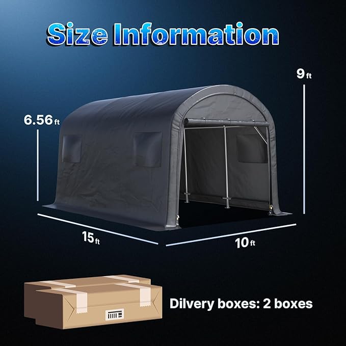 ADVANCE OUTDOOR 10x15 ft Shelter Storage Shed Steel Metal Round Peak Roof Portable Garage Carport for Motorcycle, Boat, or Garden Tools with 2 Roll up Doors & Vents, Gray