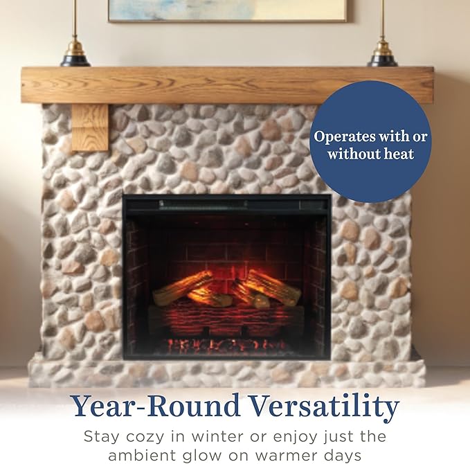 Country Living - Glenbrook Fireplace Mantel Package, 28”, Alexa/WiFi Enabled Fireplace Insert, Cast Stone River Rock Surround, 1500W