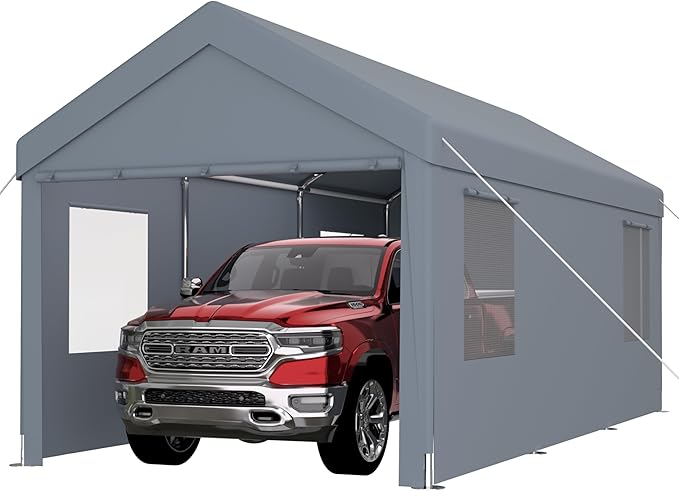 Carport 12x20 Ft Heavy Dut Car Port Canopy, Portable Garage with Removable Sidewalls & Doors for Car, Truck, Boat, Garden Tools (Grey)