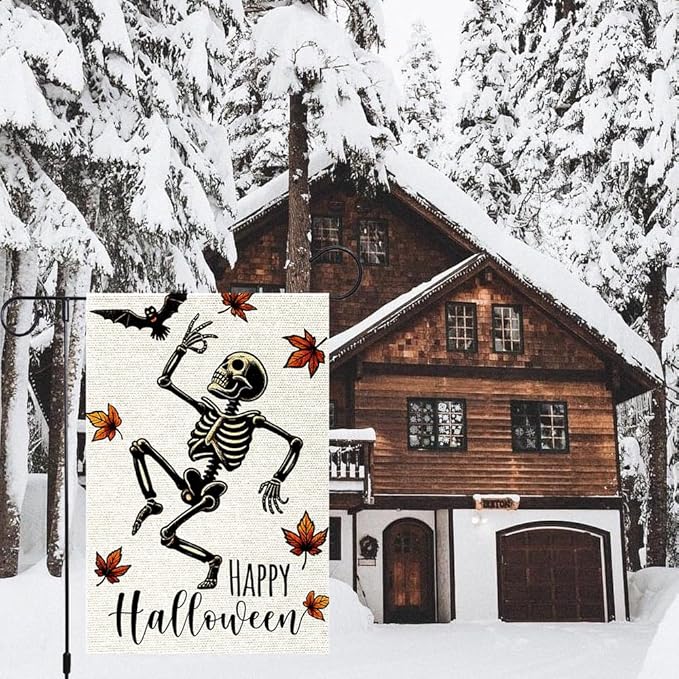 Halloween Garden Flags For Outside Decoration, Fall Garden Flag Funny Happy Skeleton Small Yard Flag For Outdoor Decor 12x18 Inch Vertical Double Sided