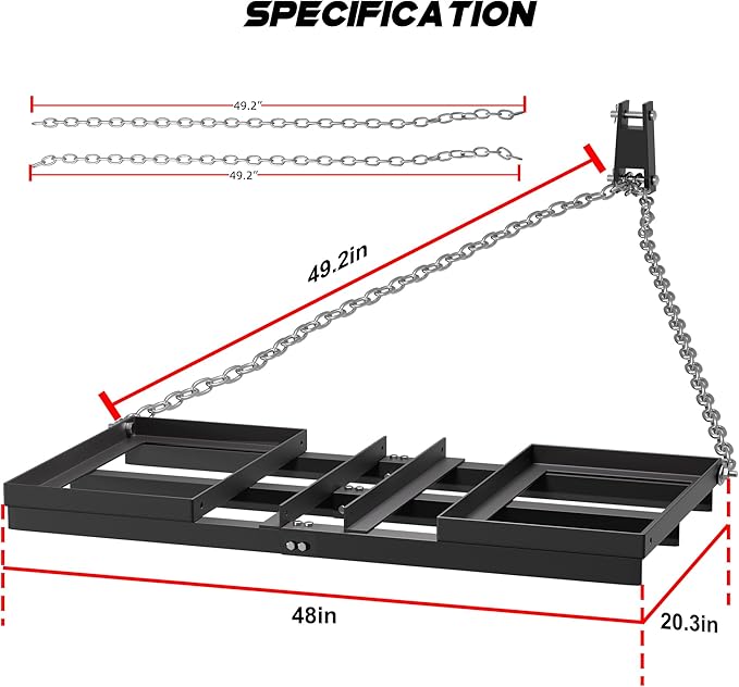 4FT Harrow Rake Driveway Grader,50 LB Heavy Duty Tow Behind Lawn Rake for Lawn Land Leveling Gravel Driveway Drag Harrow,Mower, Tractor, Black