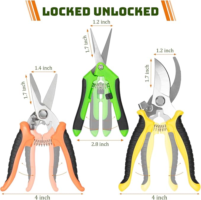 3 Pack Professional Pruning Shears, Stainless Steel Garden Scissors with Rust-Resistant Blades, Ergonomic Handles for Gardening, Bonsai,Plant Care & Rose Trimming By GLVSAE