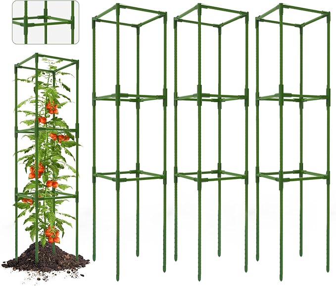 Breeze Touch 3 Pack Square Tomato Cages, Up to 47 Inch Adjustable Tomato Trellis for Garden & Pots, Garden Trellis for Climbing Plants Outdoor, Plant Trellis for Climbing Vegetables, Flowers, Beans