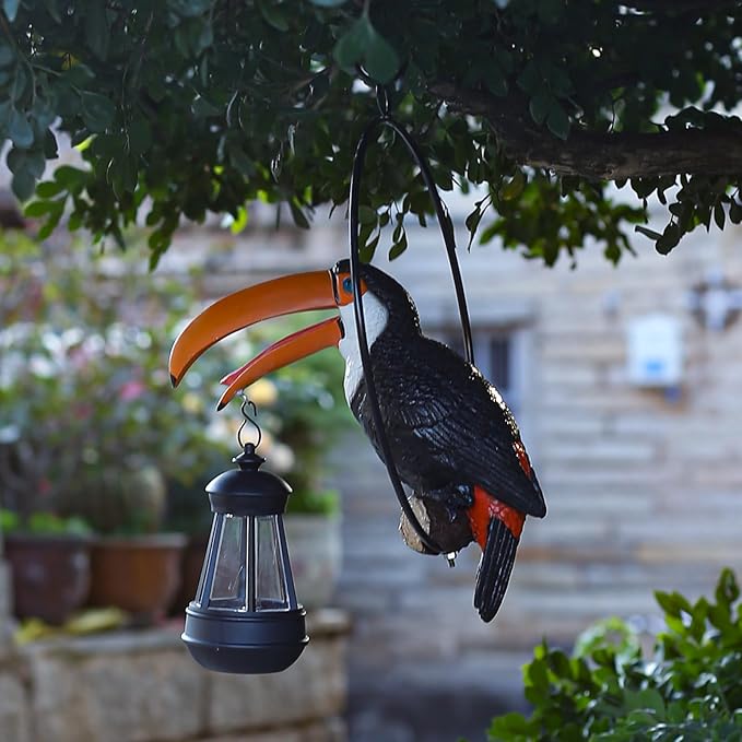 Solar Toucan Tree Hug Tree Decoration Hanging Garden Statue 12.5-inch Resin Tropical Animal Lawn Exotic Bird Sculpture for Lawn, Porch, Patio,Outdoors Decoration