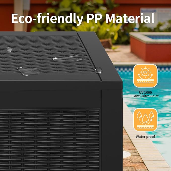 ROJIK Outdoor Storage Housing Deck Box - Waterproof Patio Furniture, Garden Tools, Cushions, Pool Accessories Storage Bench with Lockable Lid and Side Handles (Black 100 Gal)