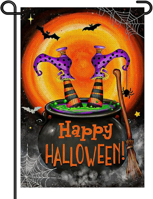 Happy Halloween Garden Flags for Outside 12x18 Inch Double Sided Burlap, Spooky Ghost Bat Sign Small Flag Farmhouse Holiday Yard Outdoor Decorations DF857