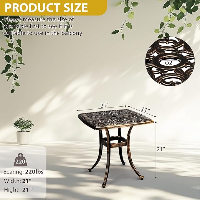 Outvita Patio Side Table, 21.3in Outdoor Square Cast Aluminum Bistro Table with Umbrella Hole and Antique Design for Backyard Porch Pool Balcony Deck Bronze