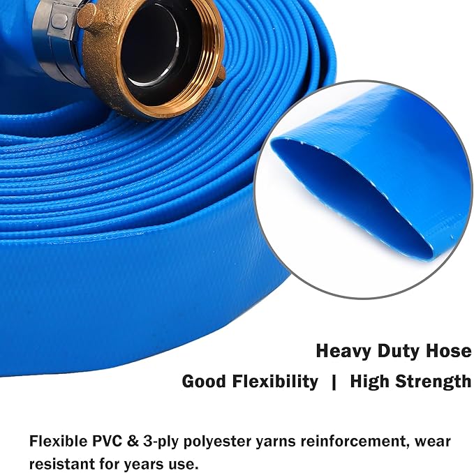 DAVCO 1.25" ID x 100 ft Pool Backwash Hose, Heavy Duty Reinforced Blue PVC Lay Flat Water Discharge Pump Hoses For Swimming Drain Pools and Clean Filters, with Brass NPT Pin Lug and KC Nipple Fittings