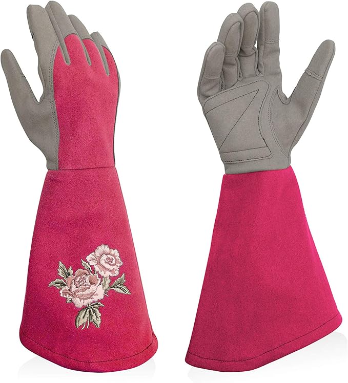 Rose Pruning Gloves Thorn Proof, Embroidery Leather Gardening Gloves with Extra Long Forearm Protection