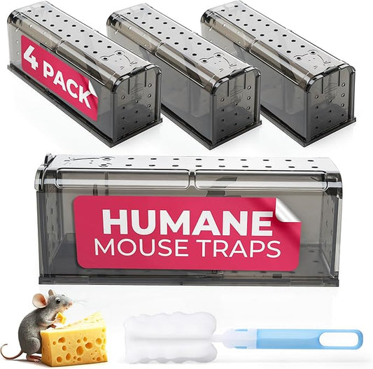 Humane Mouse Trap Pack of 4 - No Kill - Live Mouse Traps Indoor for Home Use - Reusable Rodent Traps for House Indoor, Safe & Effective Rat Trap Outdoor - Humane Mice Control with Cleaning Brush