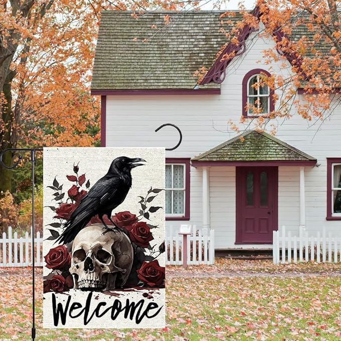Halloween Welcome Skull Floral Rose Crow Garden Flag Double Sided Vertical, Rustic Farmhouse Yard Day Of The Dead Holiday Outdoor Decorative Flag 12.5 X 18.5 Inch