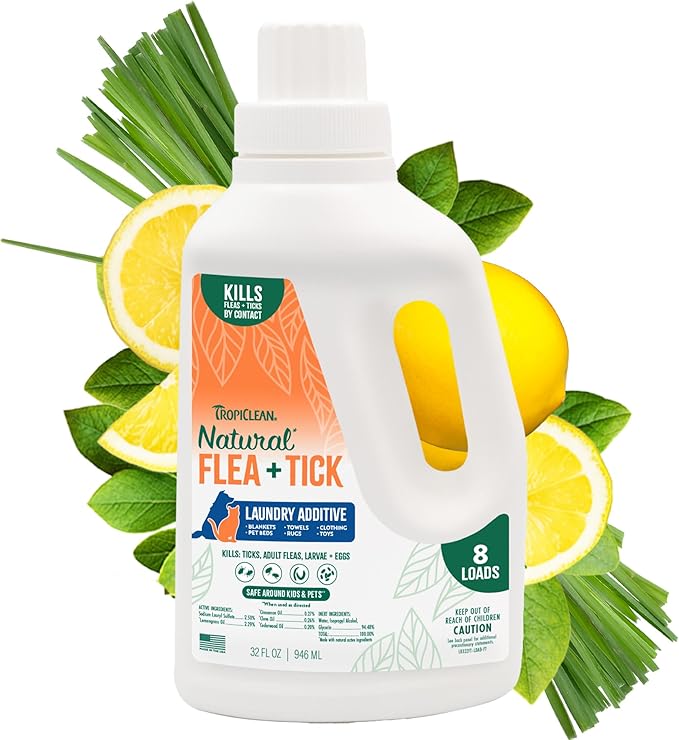 TropiClean Flea and Tick Laundry Additive, Laundry Detergent Booster, Safe for Dogs, Cats, & Home, Powerful Treatment Laundry Addition, 32oz