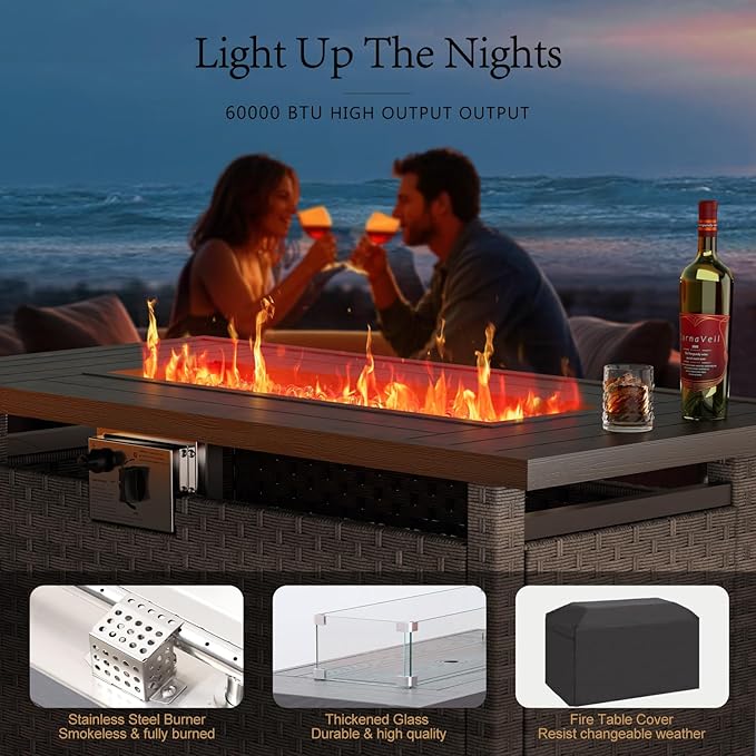 10 Pieces Patio Sectional Furniture Set with 44" Propane Fire Pit Table, 60000BTU Wicker Outdoor Sectional Coversation Set, Thick Cushion Deep Seat, Outdoor Furniture for Porch,Backyard,Deck (Grey)