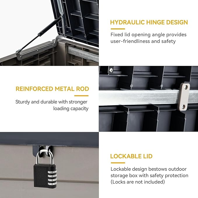 DWVO Large Deck Box 120 Gallon Waterproof Outdoor Storage Box, Extra Large Outdoor Bin, Resin Louvered Patio Storage for Pillows, Garden Tools & Pool Supplies, Lockable, Black&Brown