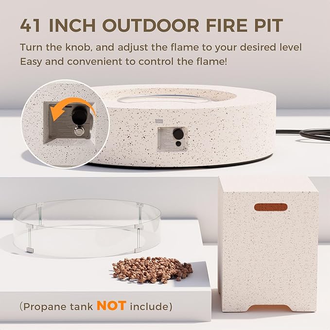 SUNBURY Outdoor 42 Inch Propane Fire Pit Table, 50000 BTU Spotted White Patio Gas Fire Table w Glass Wind Guard, Tank Table, Lava Rocks