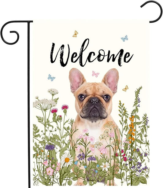 Floral French Bulldog Garden Flag Spring Summer Yard Flag Flower Dog Garden Flags for Outside Small Outdoor Welcome Flags 12x18 Double Sided
