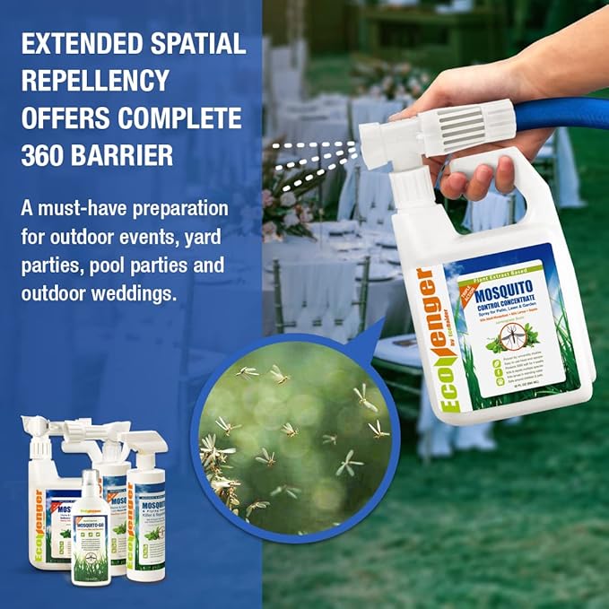 EcoVenger by EcoRaider Mosquito Control Triple-Action Hose-end Spray 32 oz, Kills Aphids, Gnats, Ticks, Kills All Stages + Larvae Control + Lasting Repellency, Citrus Scent, Non-Toxic Child-&-Pet-Safe
