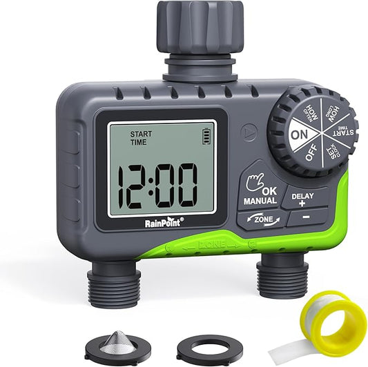 RAINPOINT Sprinkler Timer, 2 Outlets Hose Timers, 2 Zone Water Timer for Watering with Rain Delay/Manual/Automatic Timed Irrigation Controller System for Lawn