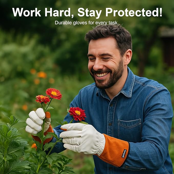 Long Sleeve Leather Gardening Gloves for Women & Men – Thornproof & Puncture Resistant Cowhide Welding Work Gloves