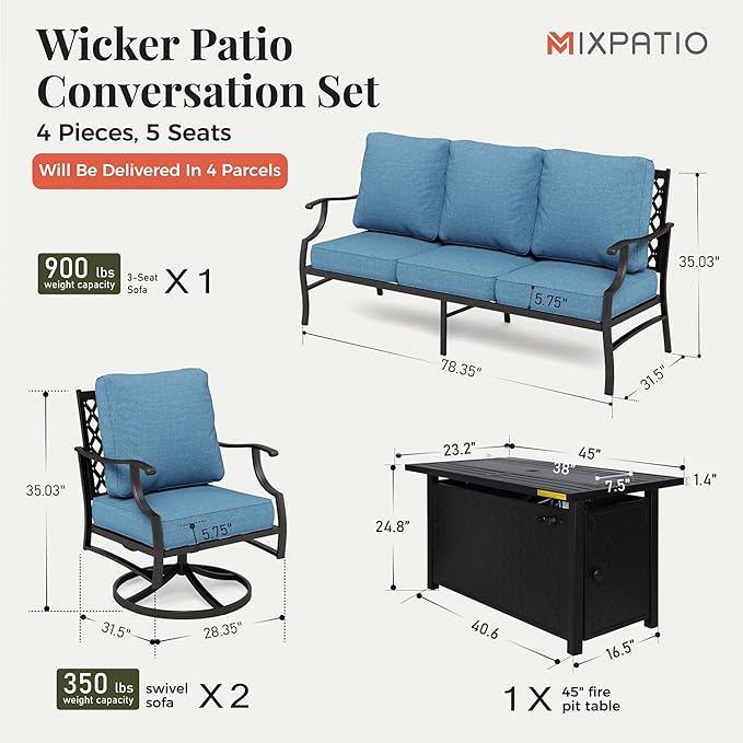Patio Furniture Set, 4 Pcs Metal Outdoor Conversation Set, 2 Swivel Chairs and 3 Seater Sofa with 5.75" Extra Thick Cushion and Gas Fire Pit Table for Backyard Deck, Navy Blue