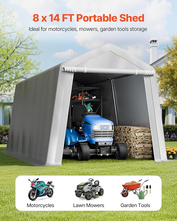 VEVOR Outdoor Storage Shed, 8 x 14 ft Portable Storage Tent with Roll-up Door & Vents, Waterproof Canopy Shed Shelter, Heavy Duty Frame, Patio Garage Carport for Motorcycle, Lawn Mower, Bike, Grey