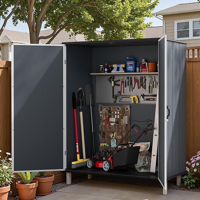 Patiowell Outdoor Storage Shed 5x3 FT, Plastic Garden Organizer Cabinet with Lockable Doors & Strong Roof for Patio Furniture, Pool Accessories, Lawn Tools, Dark Grey