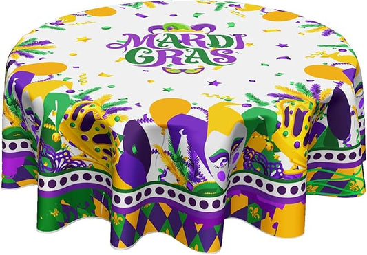 Giwawa Mardi Gras Round Tablecloth 60 Inch, Carnival Mask Balloon Table Cover Seasonal Festival Holiday Kitchen Dining Table Decoration for Indoor Outdoor Home Party Decor