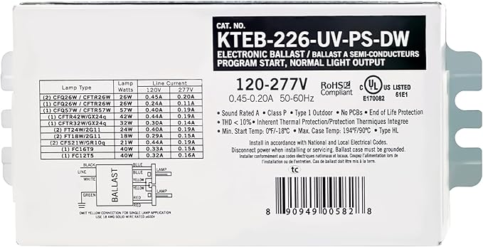 OHLECTRIC Replacement for Keystone KTEB-226-UV-PS-DW | 2 Lamp Compact Fluorescent Electronic Ballast | 26 Watts & 120-277V Input | High Power Factor & Program Start | UL Listed