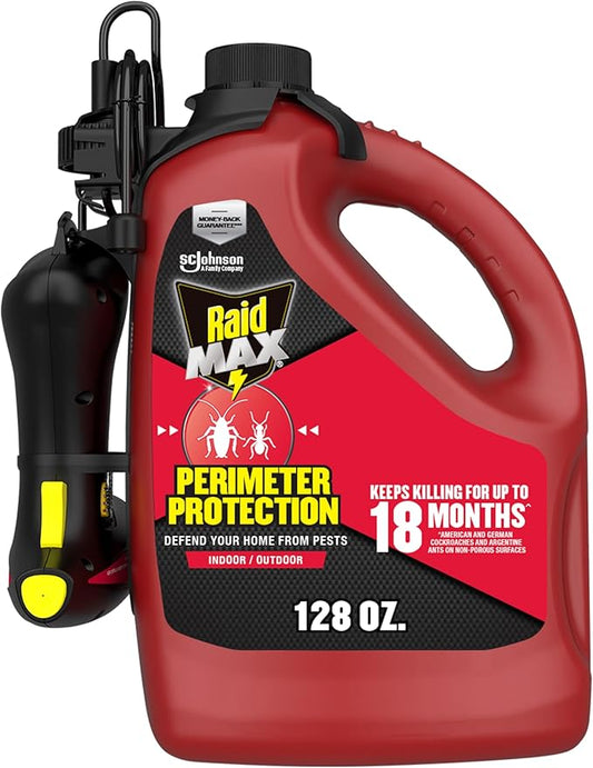 Raid MAX Perimeter Protection, 1 Gallon, Indoor & Outdoor Insecticide Spray with Reusable Electric Sprayer
