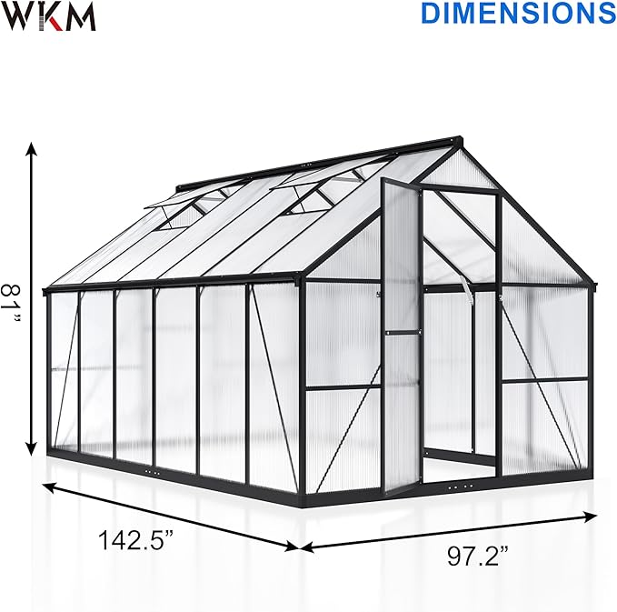 WKM 8x12 FT Greenhouse for Outdoors, Quick-fit Structure Green House with Window for Ventilation, Aluminum Greenhouse for Garden Backyard, Black