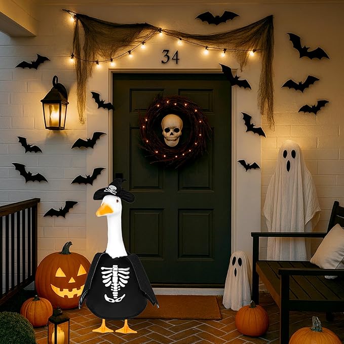 Halloween Bat Porch Goose Outfits 23inch Plastic Cement Skeleton Goose Statue Costume, Fall Lawn Geese Sculpture Clothes for Garden Yard Patio Party Decoration