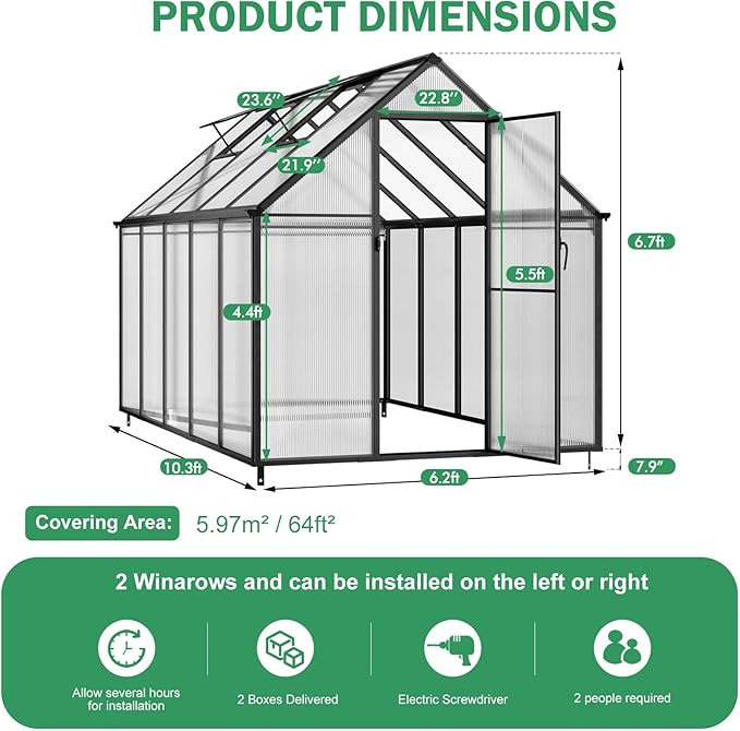Greenhouse, 10.3x6.2 FT Upgraded Hybrid Polycarbonate Greenhouses for Outdoors w/2 Vent Windows & Swing Door Walk-in Greenhouses Aluminum Green House for Garden Backyard, Easy to Install