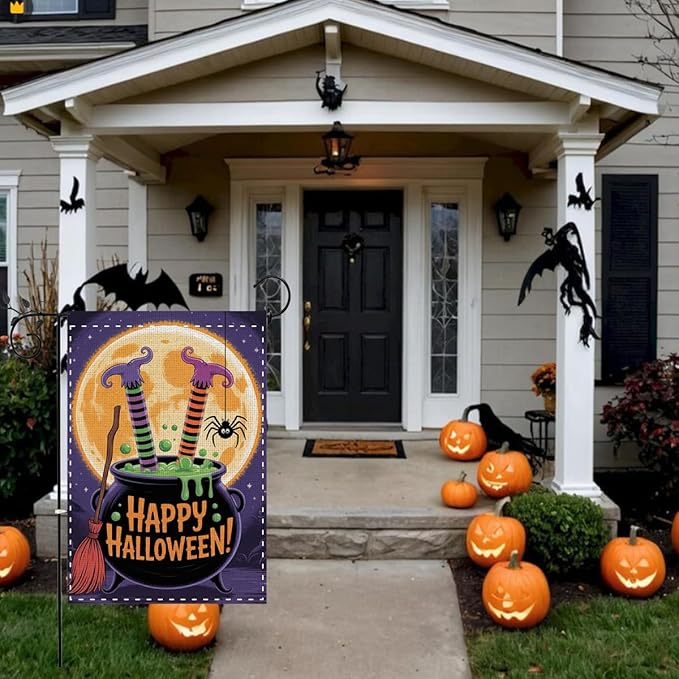Fokongna Halloween Garden Flag, Happy Halloween Witch Feet Garden Flag, 12x18 Inch Burlap Vertical Double Sided Flags, for Home Yard Outside Decorations