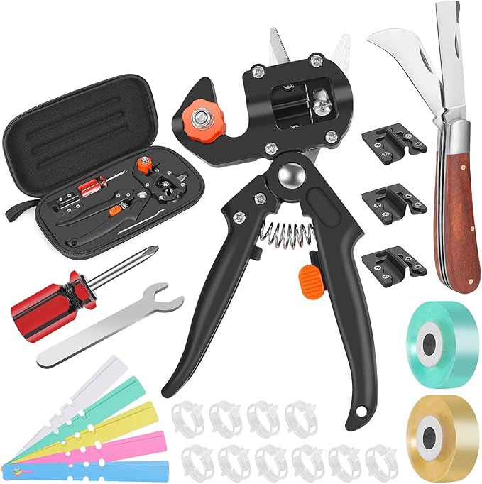 FUJIWARA 3-in-1 Garden Grafting Tool, Pruning Scissors Kit, U/V/Omega-Graft Seedling for Fruit Tree Grafting Set,Including 2X Tapes, Plant Tags,Plant Clips,Grafting Knife & Replacement Blades