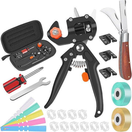 FUJIWARA 3-in-1 Garden Grafting Tool, Pruning Scissors Kit, U/V/Omega-Graft Seedling for Fruit Tree Grafting Set,Including 2X Tapes, Plant Tags,Plant Clips,Grafting Knife & Replacement Blades