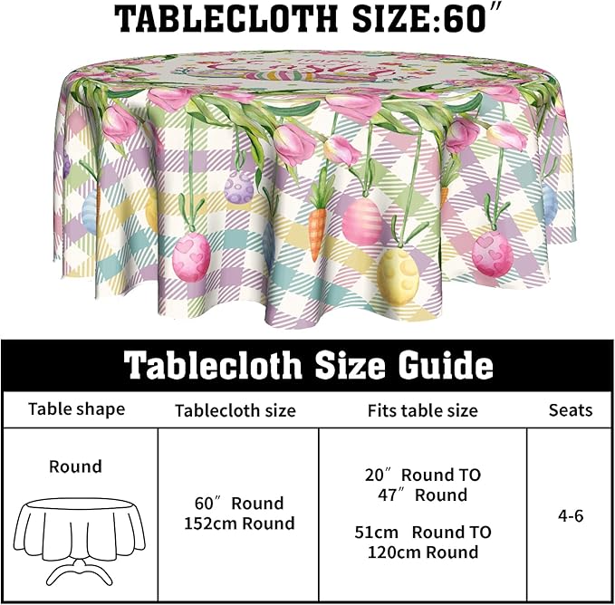 Giwawa Happy Easter Round Tablecloth 60inch -Watercolor Spring Flower Tulips Plaid Polyester Table Covers, Washable Indoor Table Cloths Holiday Decor for Farmhouse Kitchen Backyard BBQ Party