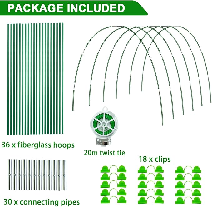 Garden Hoops for Raised Bed, 36 PCS Greenhouse Hoops 6 Sets of 8.5 FT Long Garden Arch Greenhouse Frame Rust-Free Fiberglass Garden Hoops for Row Cover Netting Shade Cloth
