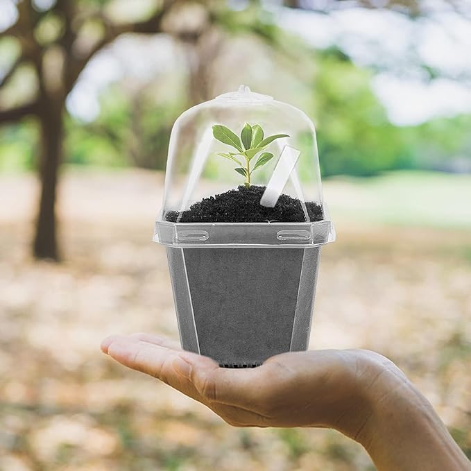 EBaokuup 50 Pcs Clear Plant Nursery Pots with Humidity Dome-3" Reusable Plastic Gardening Pot with Labels-Small Seed Starting Pots for Seedlings,Vegetables,Succulents,Cuttings