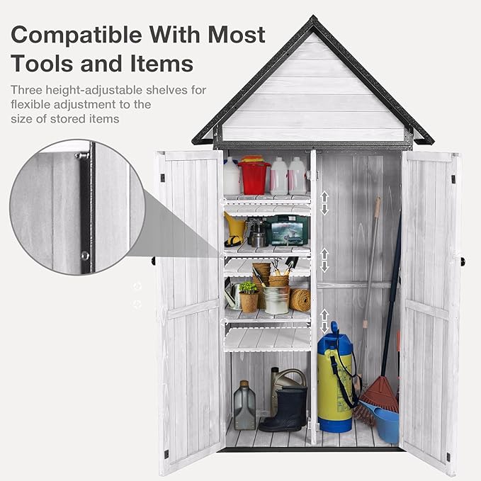 Outdoor Storage Shed with Floor and Waterproof Roof - Metal Framed Tool Cabinet with Adjustable Shelves - Double Lockable Doors for Backyard, Garden, Patio (Off-White)