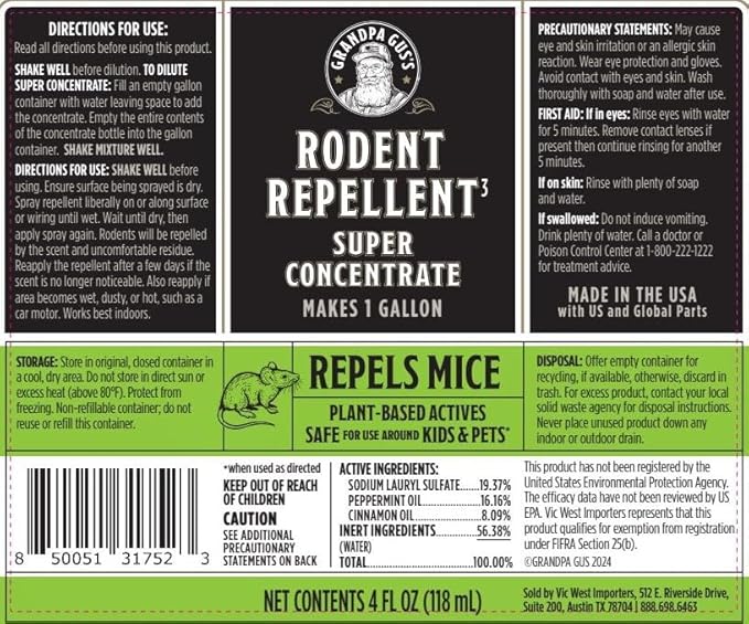 Grandpa Gus's Super Concentrate Rodent Repellent, 4 oz Makes 1 Gallon, Natural Peppermint Oil Spray, Humane Mice & Rats Control for Home & Garden, 4 oz