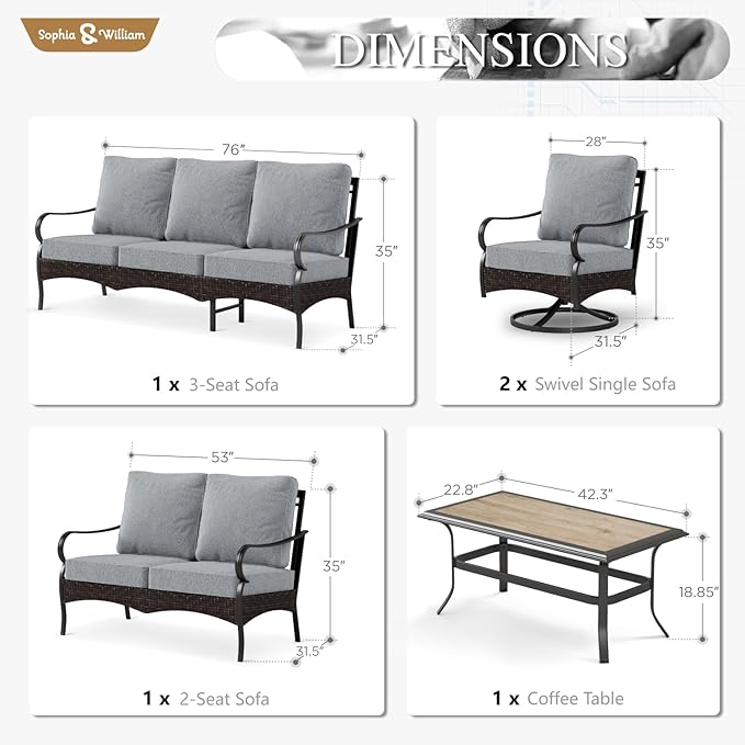 Sophia & William Patio Furniture Set, 5 Piece Metal Outdoor Conversation Set with 3-Seater Outdoor Couch, 2 Swivel Chairs, 1 Loveseat,1 Coffee Table for Outdoor Seating, Backyard, Porch(Grey)