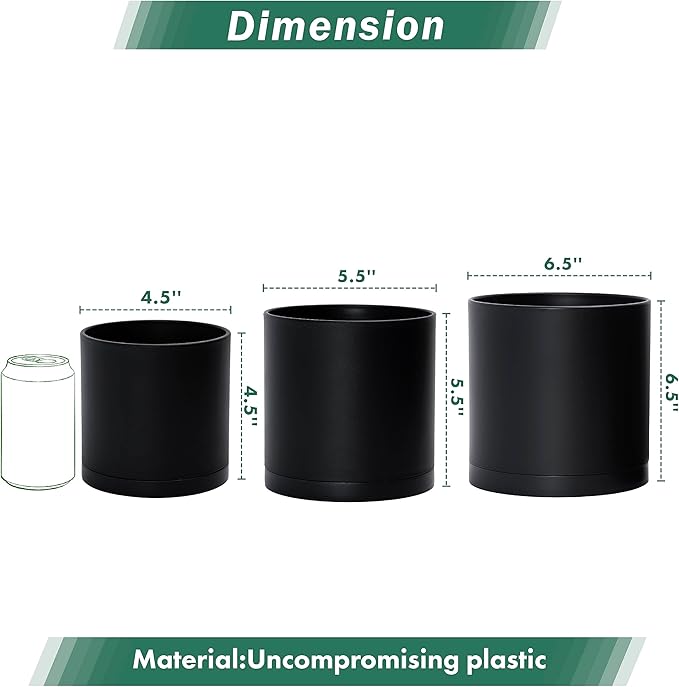 D'vine Dev 4.5 Inch 5.5 Inch 6.5 Inch, Set of 3 Plastic Planter Pots for Plants with Drainage Hole and Seamless Saucers, Black Color, Small Plus, 74-V-B-2