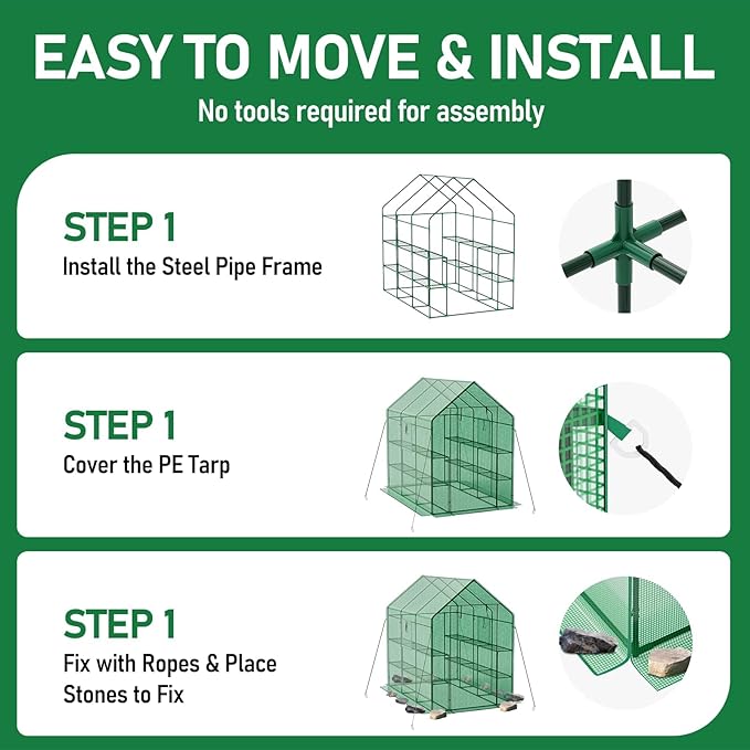 56×85×77Inch Walk-in Greenhouse, Heavy Duty Small Plant House with Thicken PE Cover and Steel Frame, for Garden, Outdoors, Indoors, Green