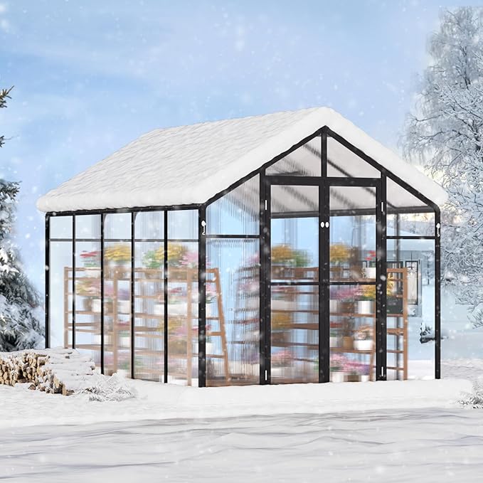 VEVOR Polycarbonate Garden Greenhouse, 8 x 10 Ft, with 2 Ventilation Windows, Hinged Door, Pavilion Style, Large Aluminium Greenhouse Kit, Flower Plant Shelter for Outdoors, Backyard