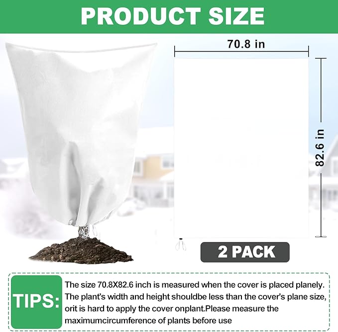 Winter Plant Covers Freeze Protection with Zipper Drawstring, 2 Pack 70.8" X 82.6" Tree Covers for Winter Cold Weather Large Frost Blankets Shrub Jacket for Outdoor Plants Tree Covers Bags