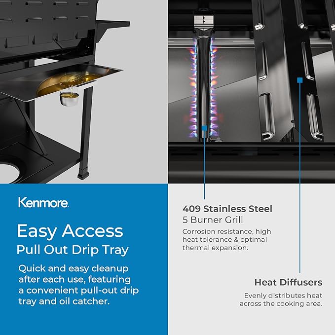 Kenmore BBQ Propane Gas Grill - 5 Burners with Side Burner & Searing Zone, 644 Sq. In. Stainless Steel Grill, 66,000 BTU, Ideal for Outdoor Cooking, Patio & Backyard, Black